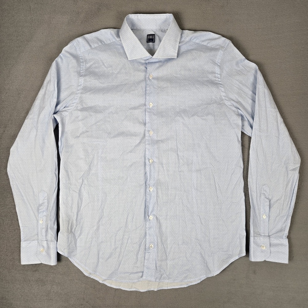 Fedeli‎ Shirt Mens 18.5-46 Cutaway Collar Long Sleeve Button Up Blue Geometric